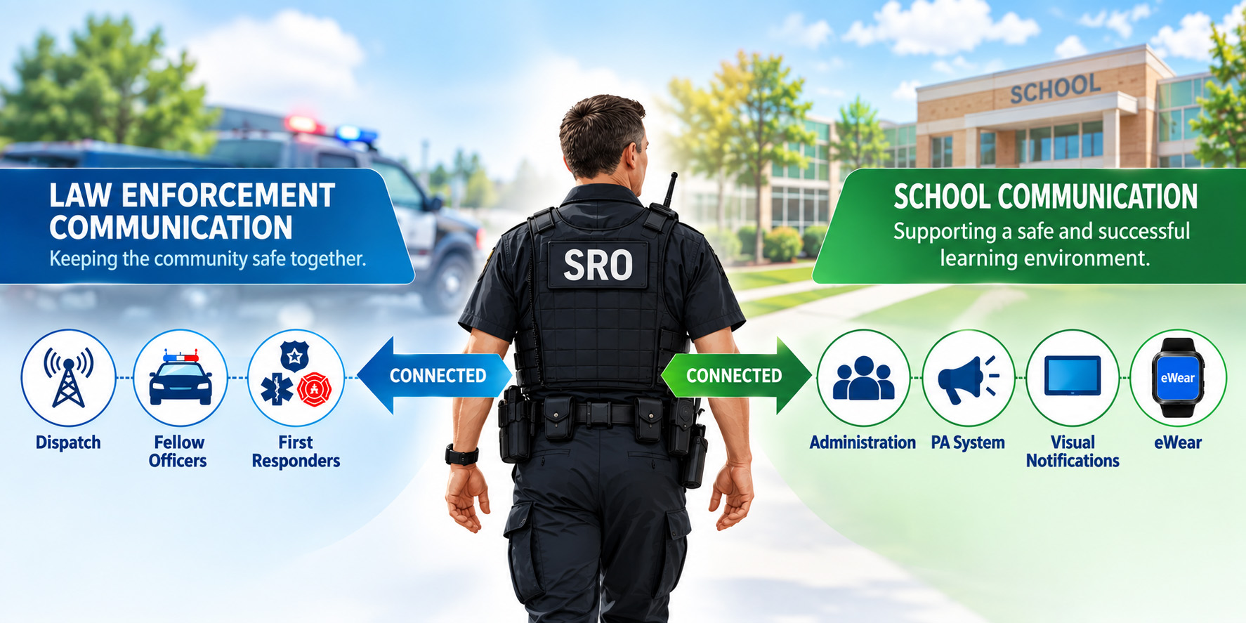 School Resource Officer wearing communication device on school campus