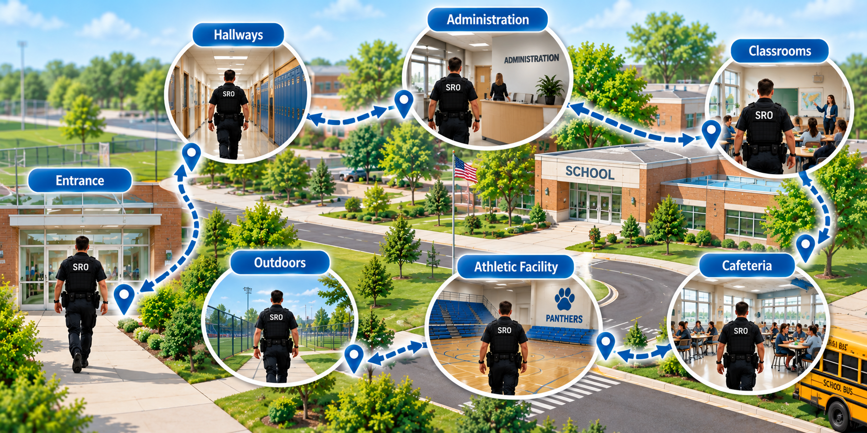 School Resource Officer wearing communication device on school campus
