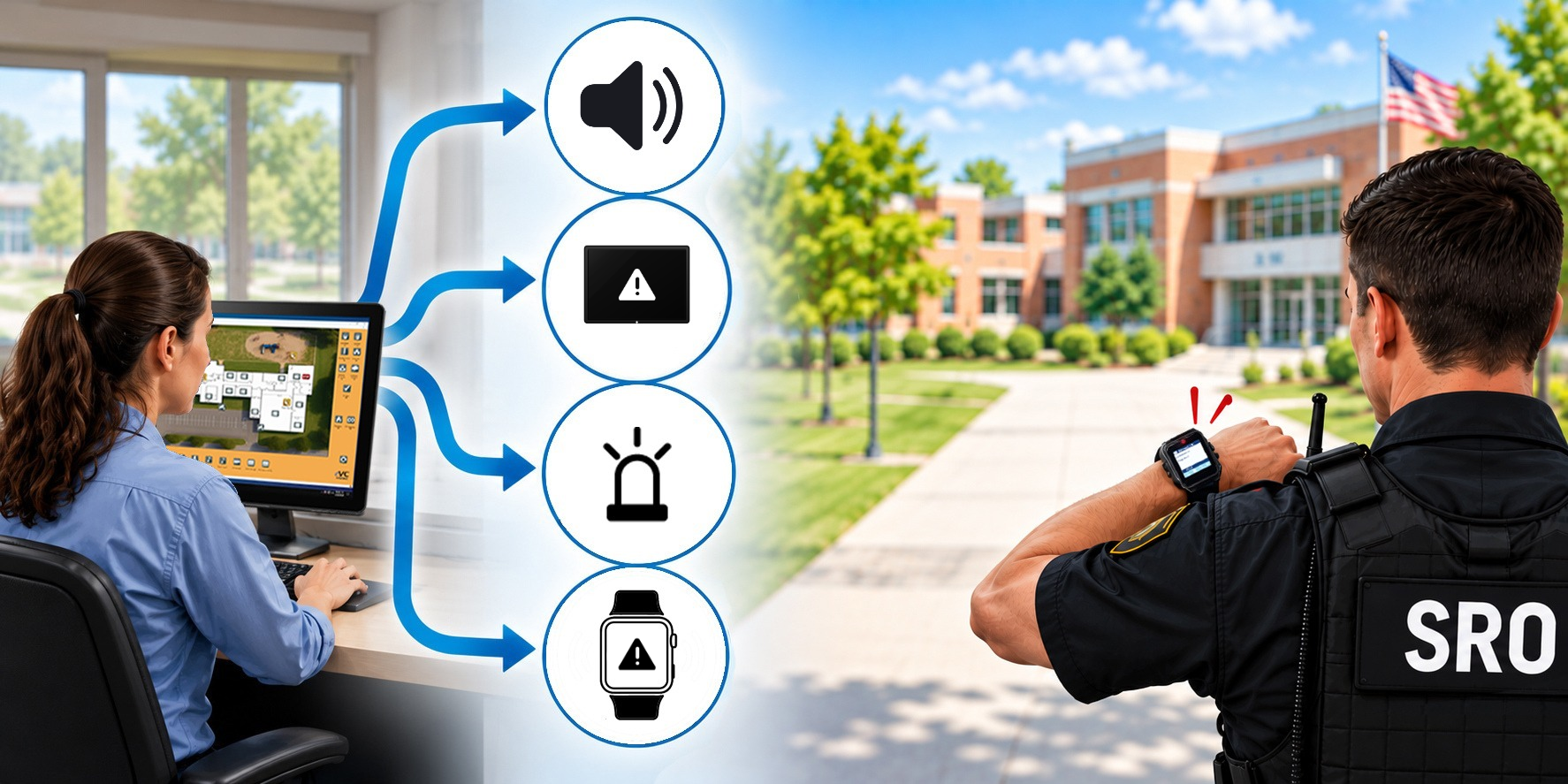 School Resource Officer wearing communication device on school campus